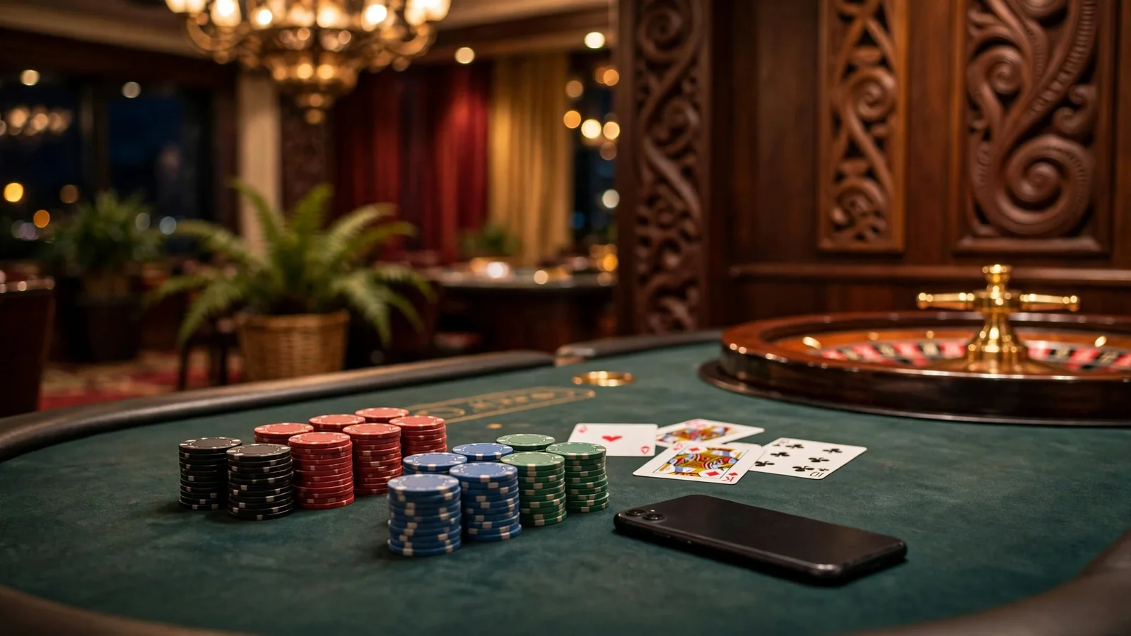 Casino table with chips, roulette wheel and smartphone in New Zealand venue