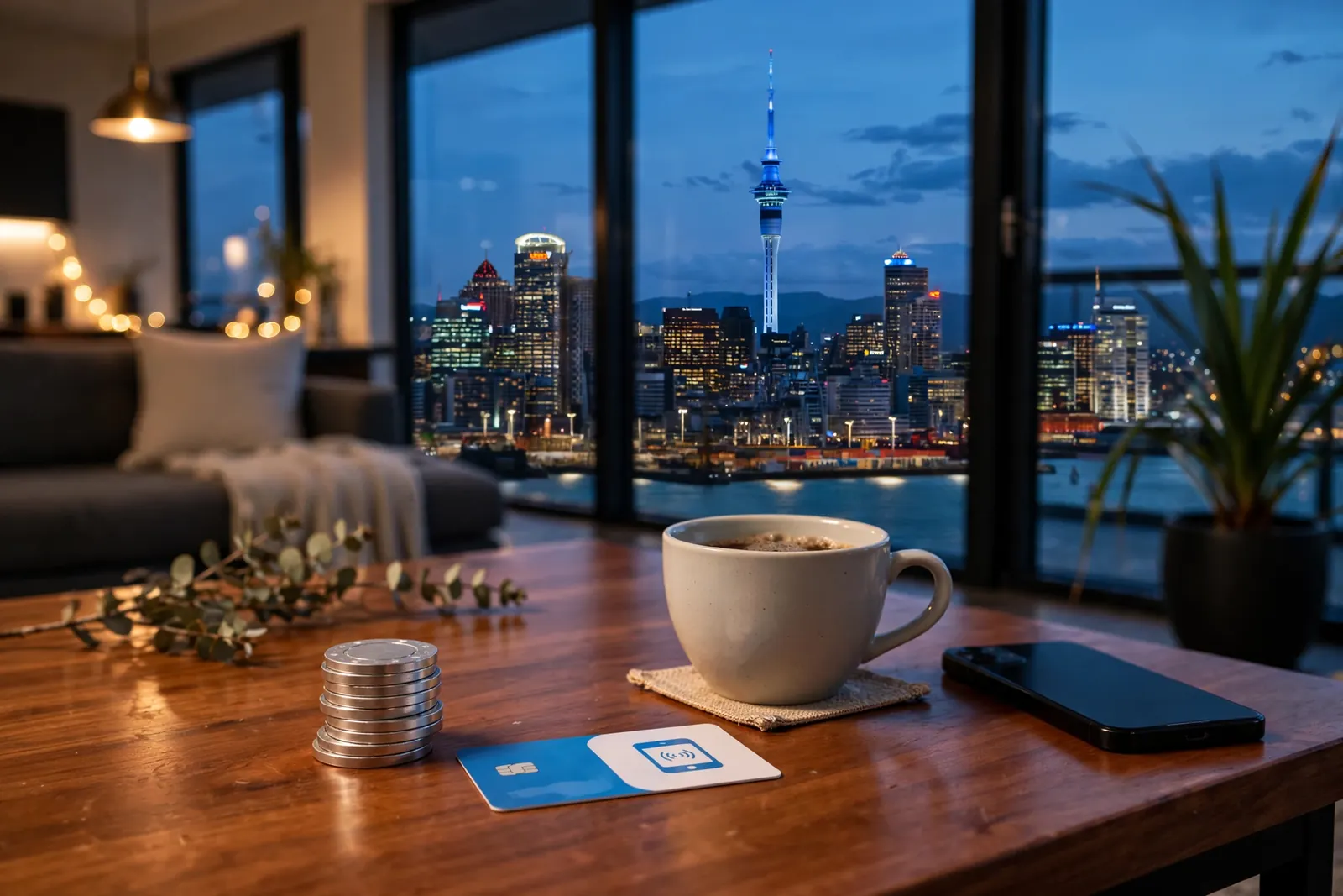 New Zealand apartment with Auckland skyline, casino chips and a phone on a table