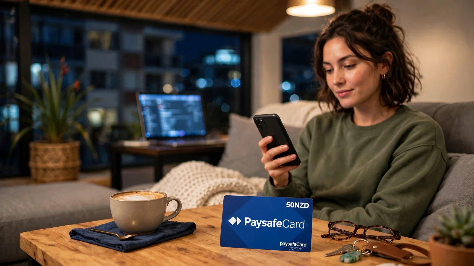 Person holding a phone with a Paysafecard voucher on a table, cozy New Zealand home setting