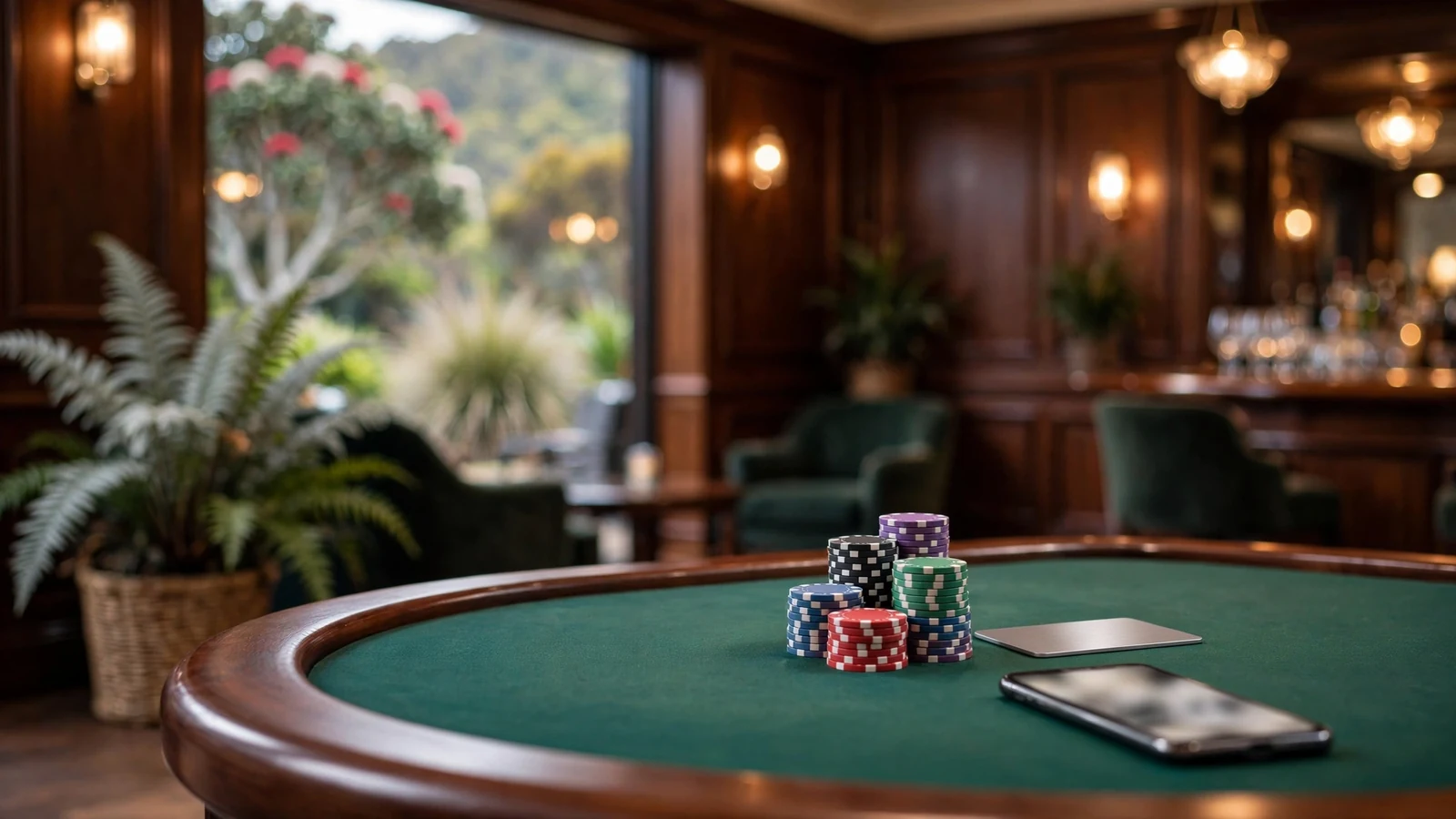 Elegant New Zealand casino lounge with a card table, chips, and a payment card beside a smartphone