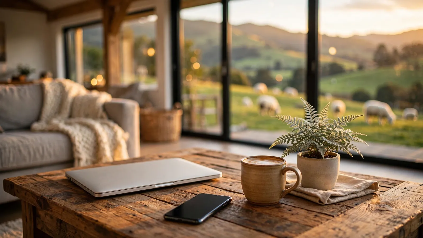 Closed laptop and smartphone on a wooden table with a silver fern and New Zealand countryside view through a window.