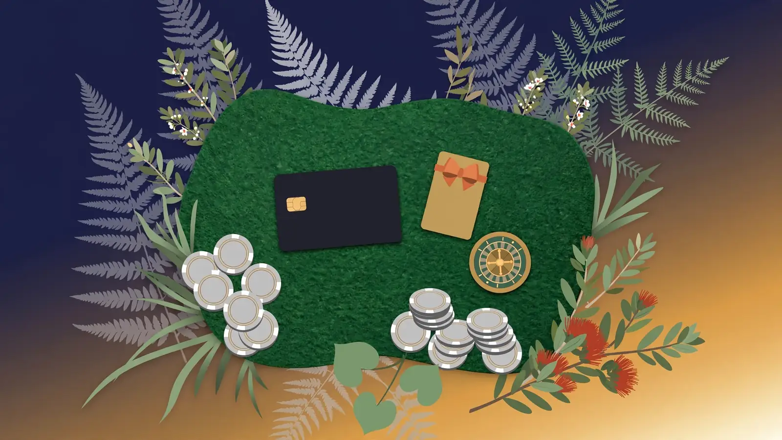 Illustration of a gift card, chips, and a roulette wheel on green felt with a New Zealand silver fern.