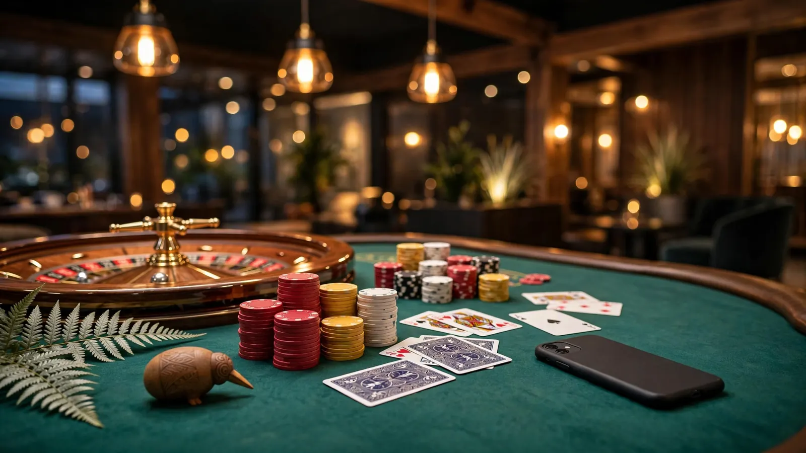 Elegant casino table with chips, roulette, playing cards, face-down smartphone, and silver fern decoration