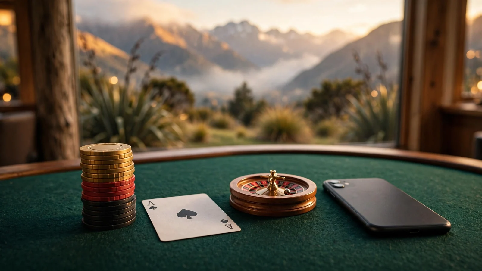 Casino chips and face-down smartphone on felt table with New Zealand mountain view.