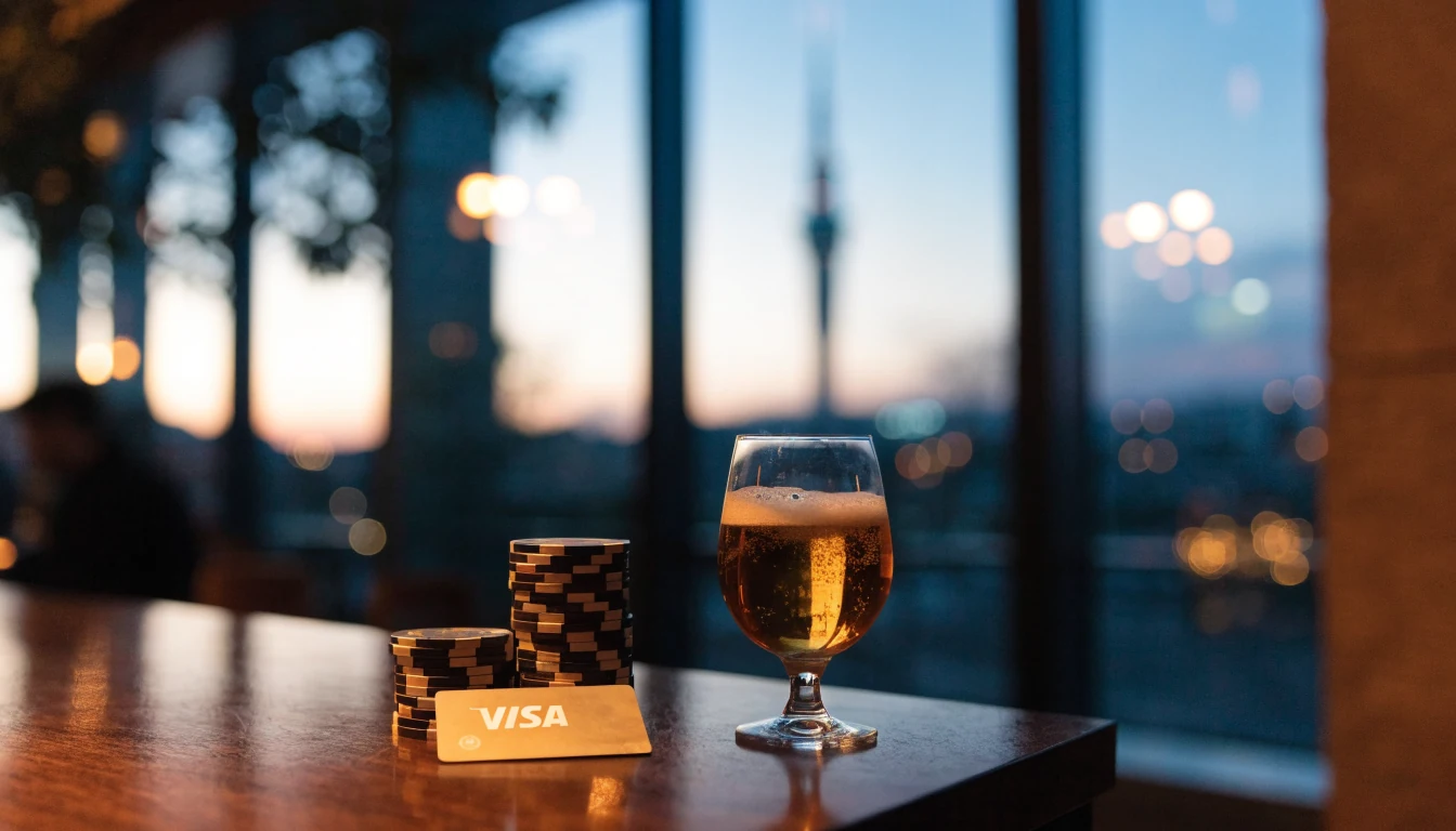 Stylish New Zealand casino lounge counter with chips and Visa card