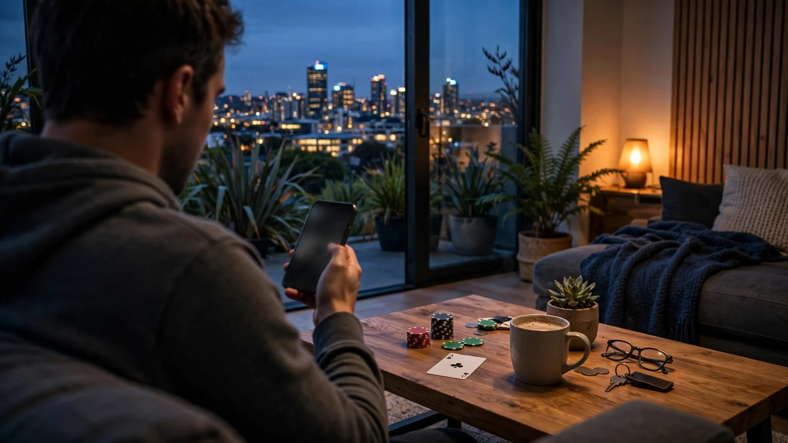 New Zealand player checking Zimpler payment options on smartphone with casino chips nearby