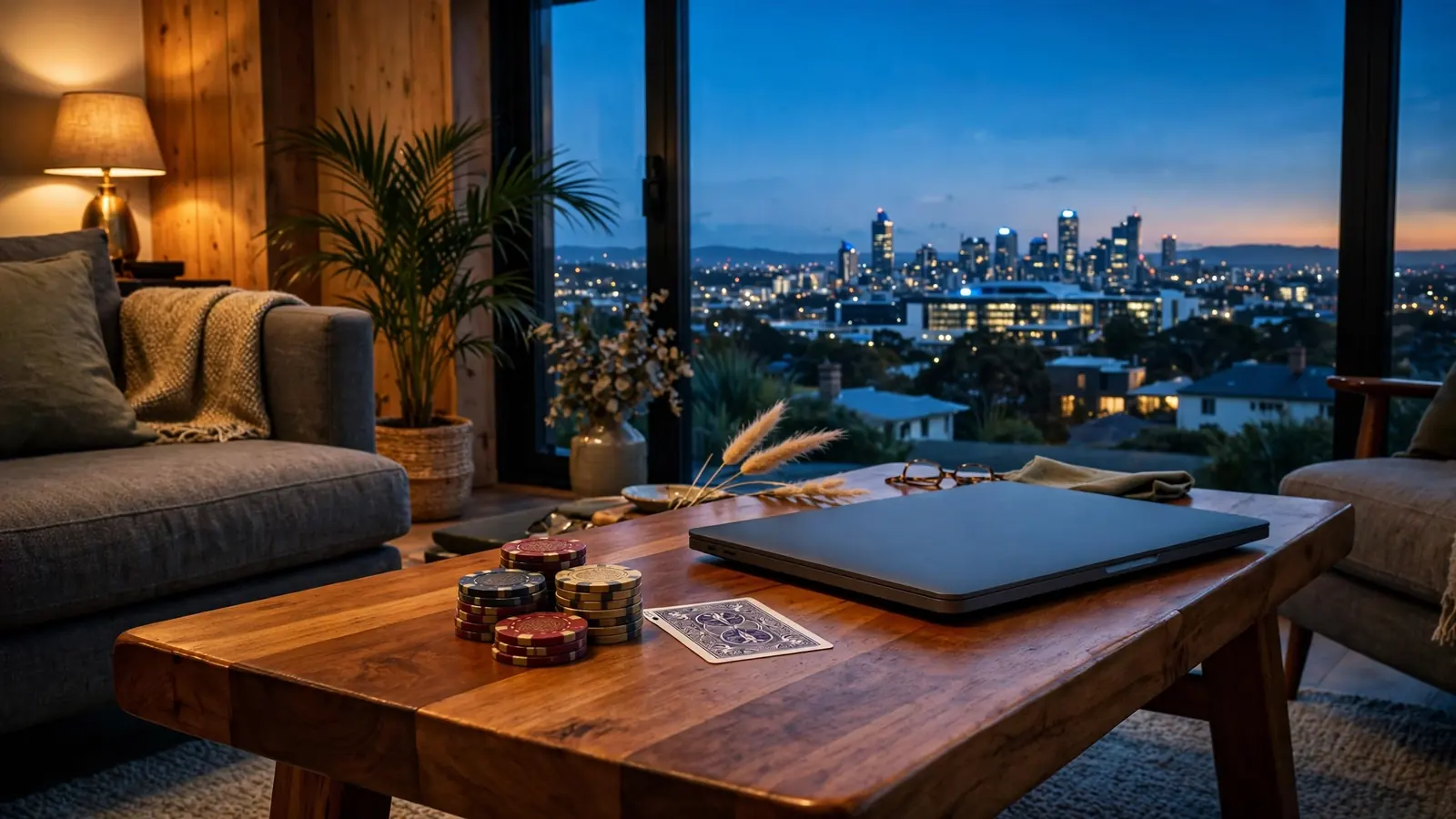 New Zealand lounge scene with casino chips and closed laptop at dusk