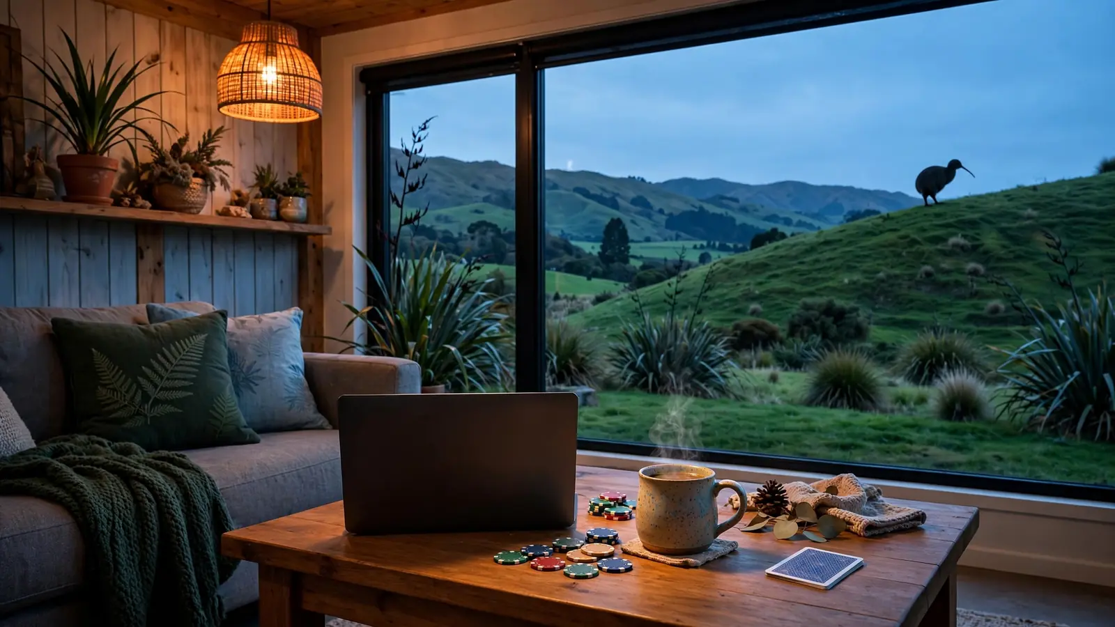 Cozy New Zealand home with closed laptop, poker chips, and rolling green hills view