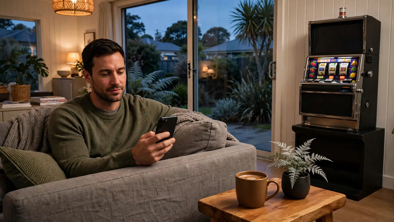 Person relaxing with phone near a slot cabinet in a cozy New Zealand home