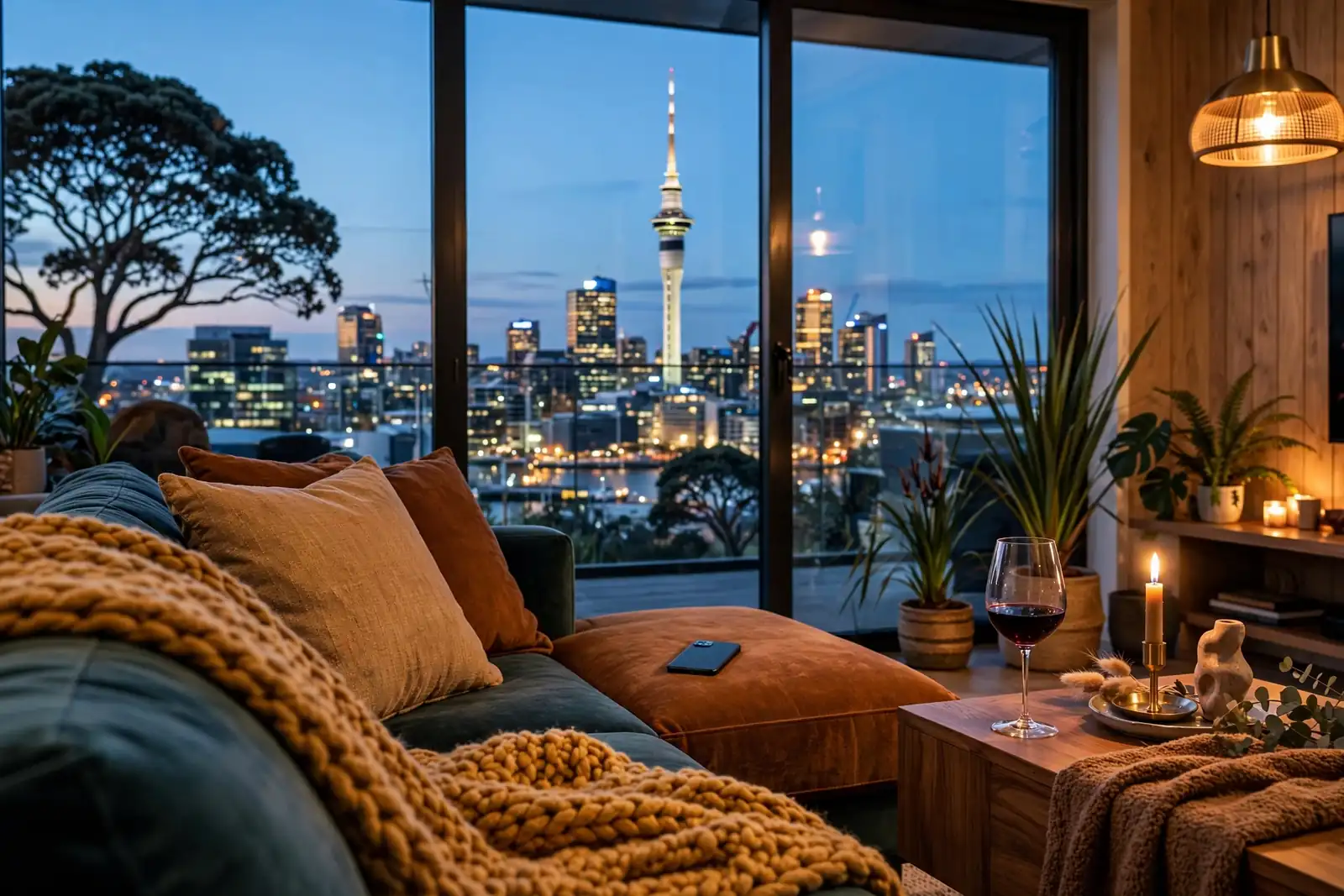 Cozy New Zealand lounge at dusk with Auckland Sky Tower view, suggesting relaxed online pokies entertainment in 2026.