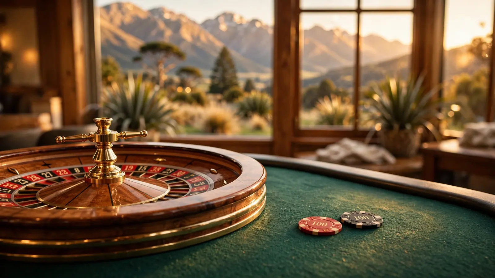 Elegant roulette wheel on casino table with New Zealand mountains in background