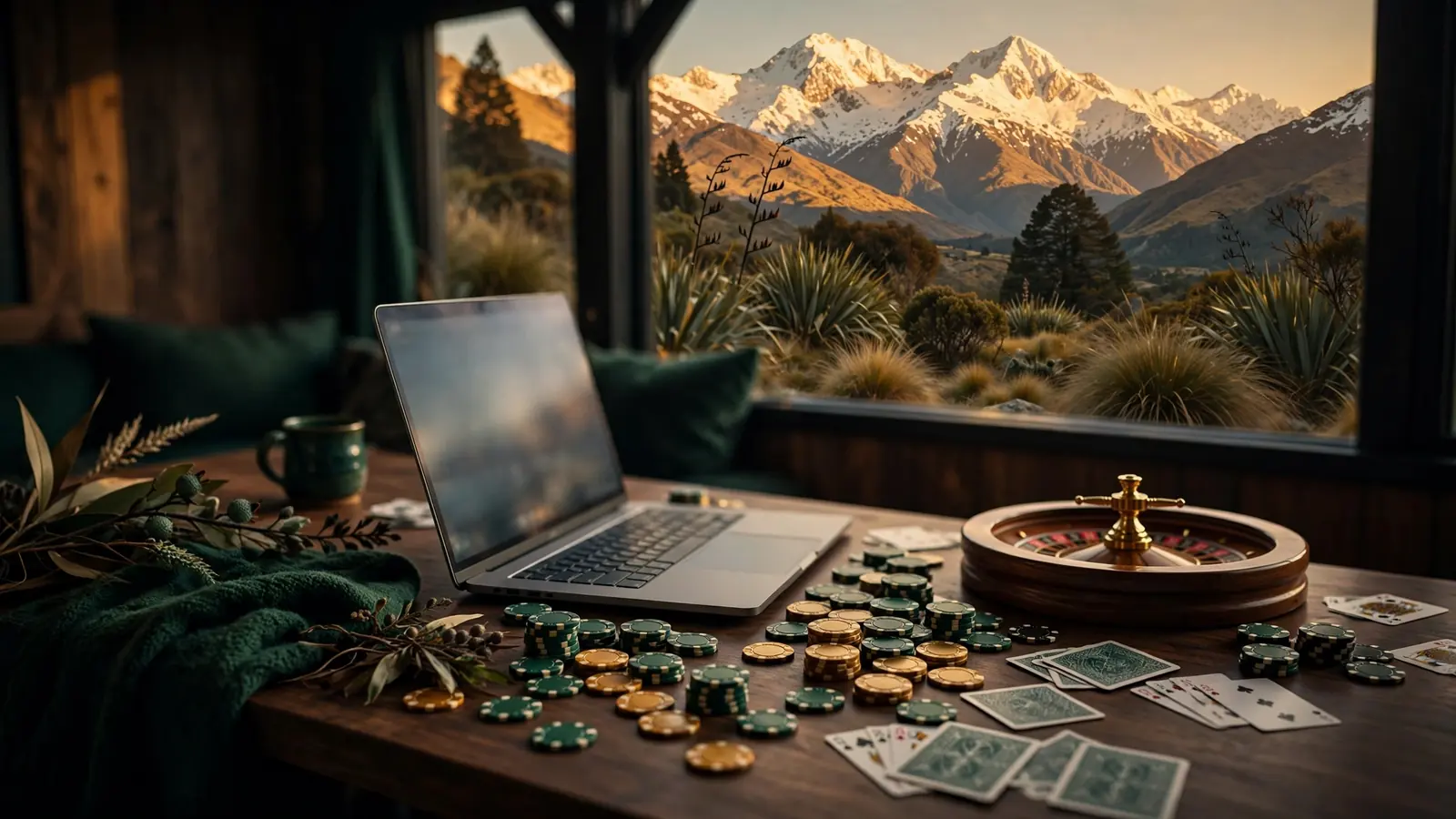 Casino chips and roulette wheel beside laptop with New Zealand mountain view at sunset