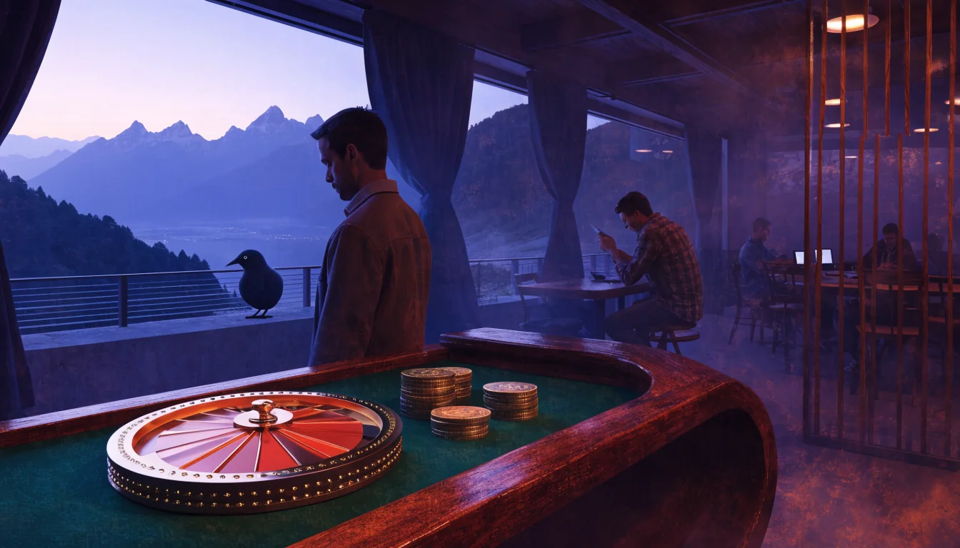 Casino chips and roulette wheel with New Zealand Southern Alps view