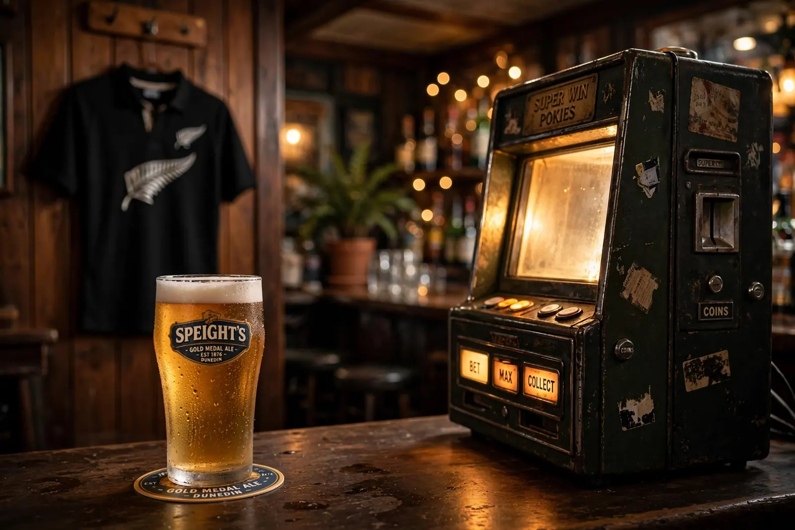 Glowing pokie machine in a warm New Zealand pub
