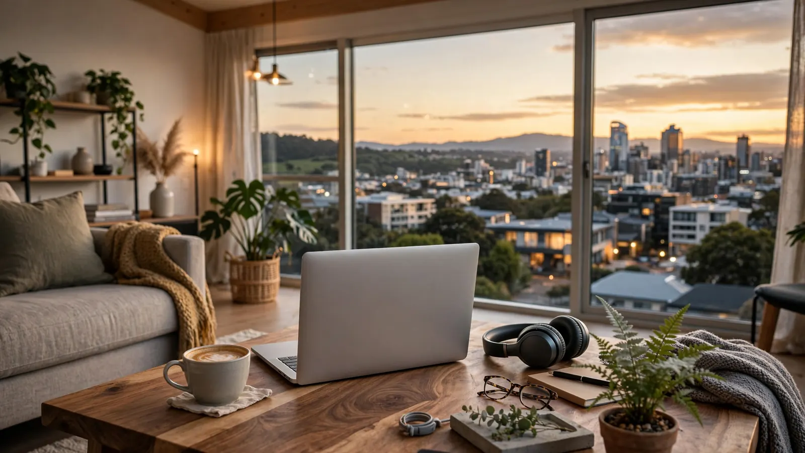 Modern New Zealand home with laptop, coffee, and headphones on a coffee table