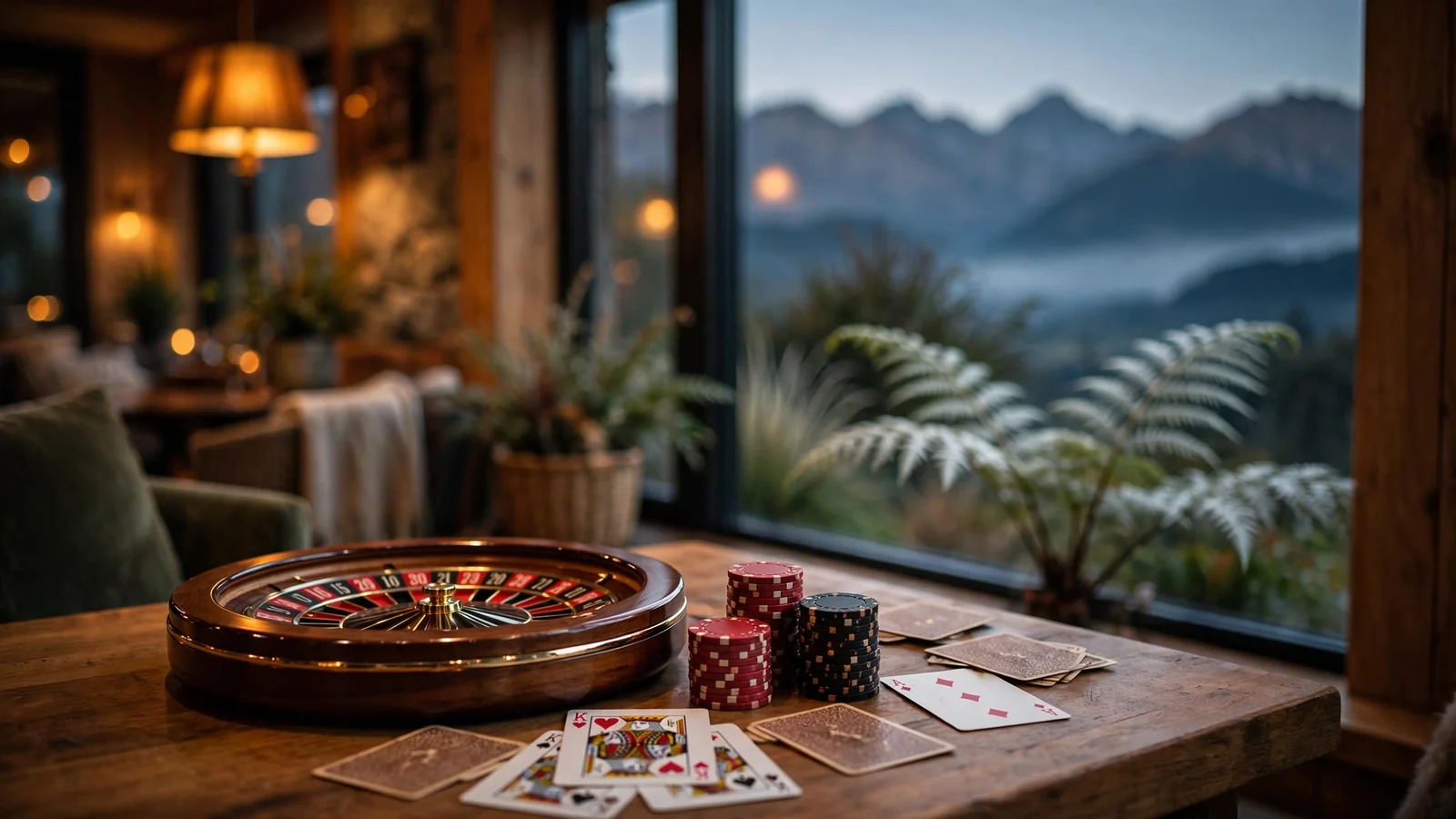 Casino chips, cards and roulette wheel on a table with New Zealand alpine landscape in the background