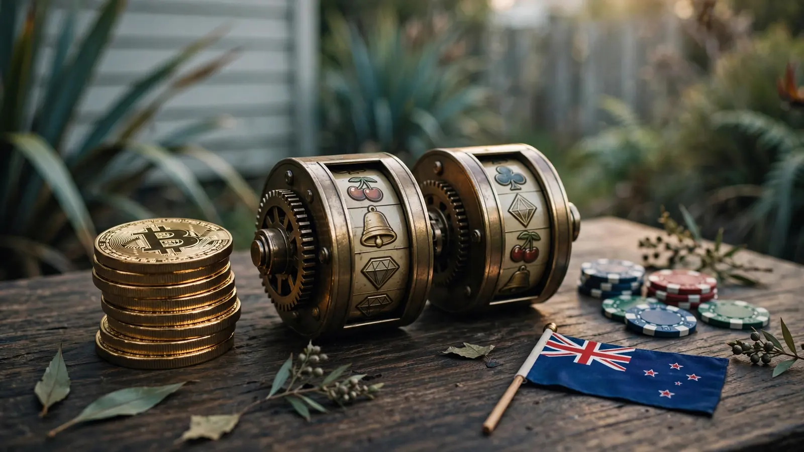 Bitcoin tokens, poker chips, and slot reels on a table with a New Zealand flag