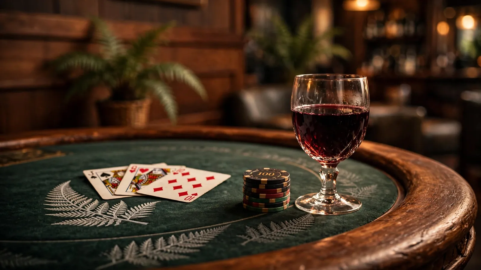 Elegant blackjack table with chips, cards, and New Zealand red wine.