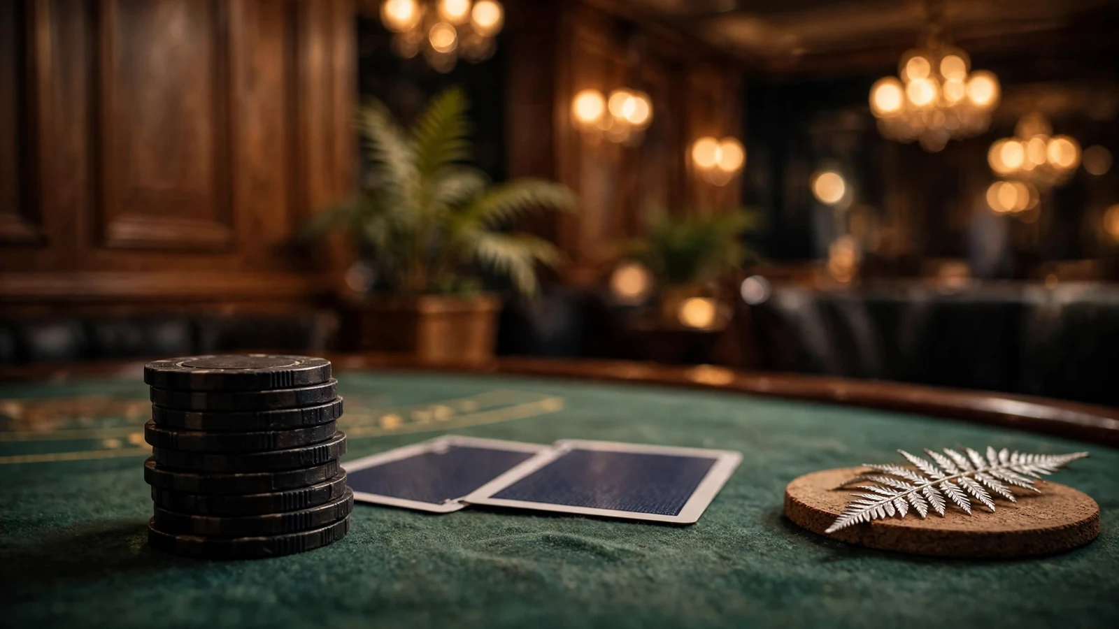 Casino blackjack table with chips and face-down cards, warm ambient lighting, subtle New Zealand silver fern accent.