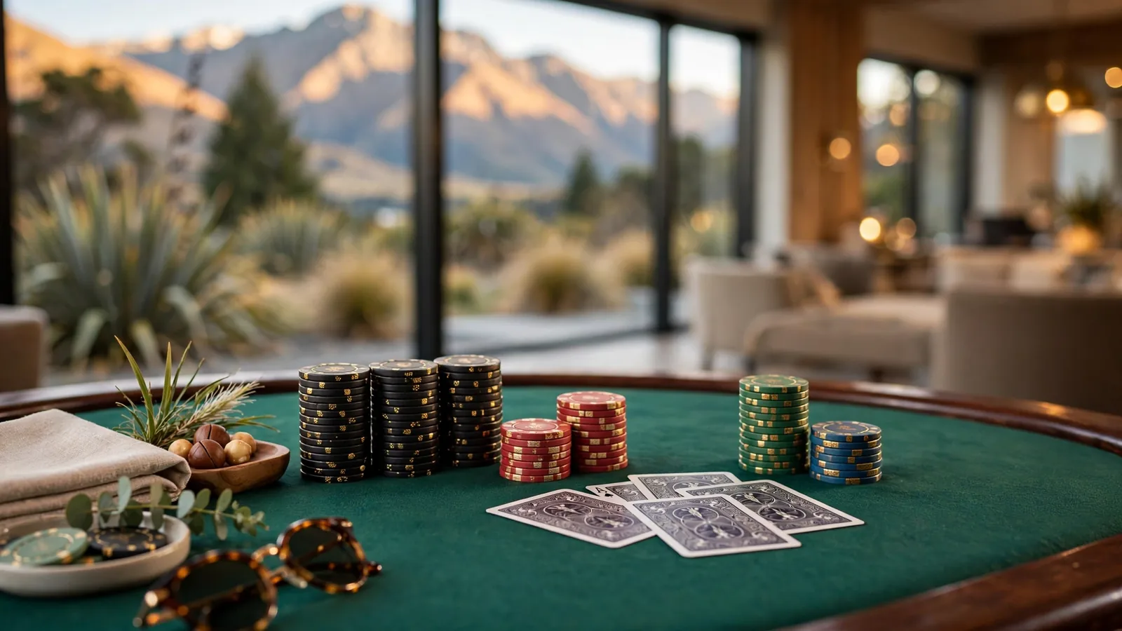 Elegant blackjack table setup in a New Zealand casino with chips and cards