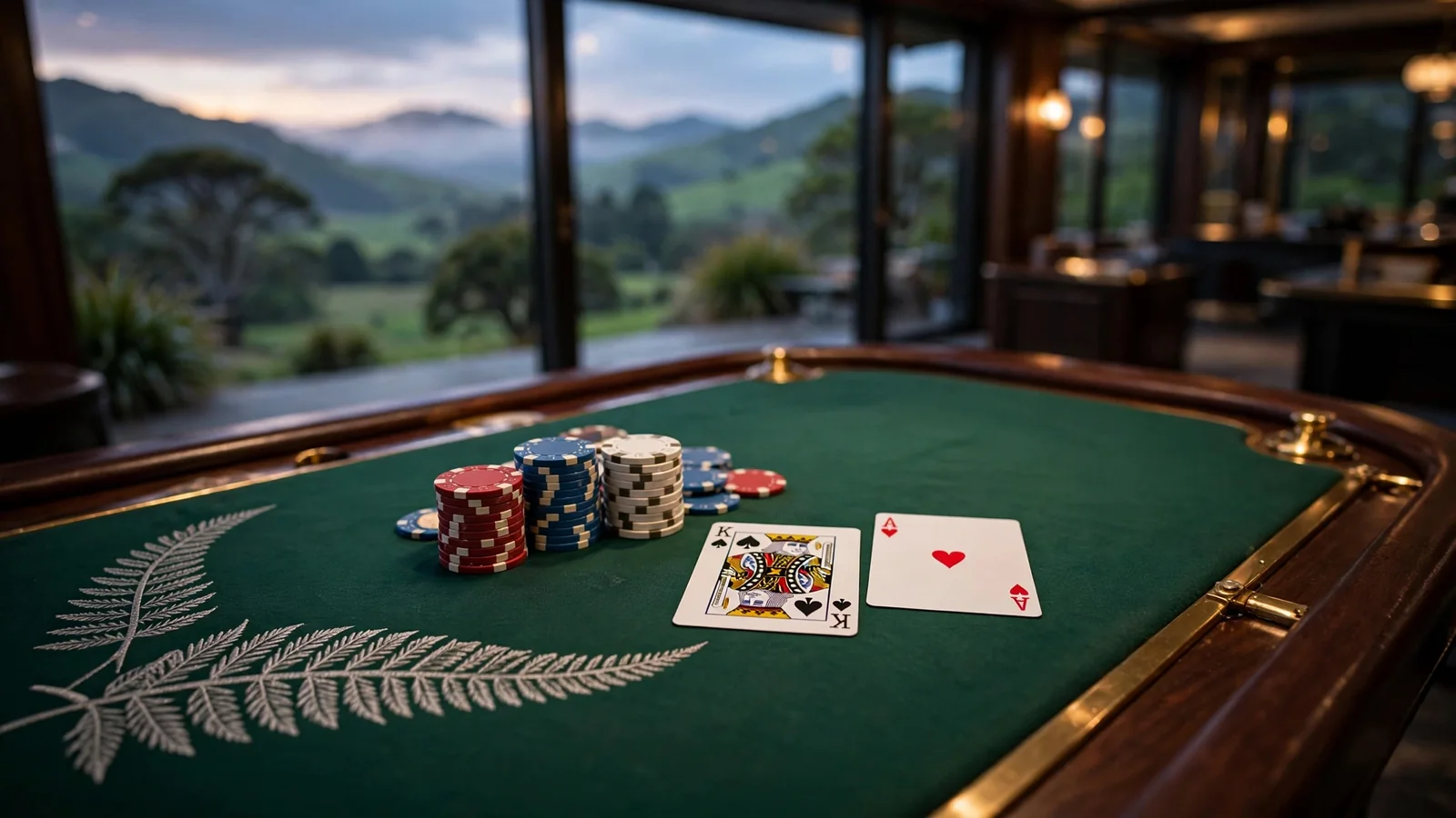 Blackjack table with chips and dealt cards, silver fern detail, New Zealand mountain landscape visible through windows.