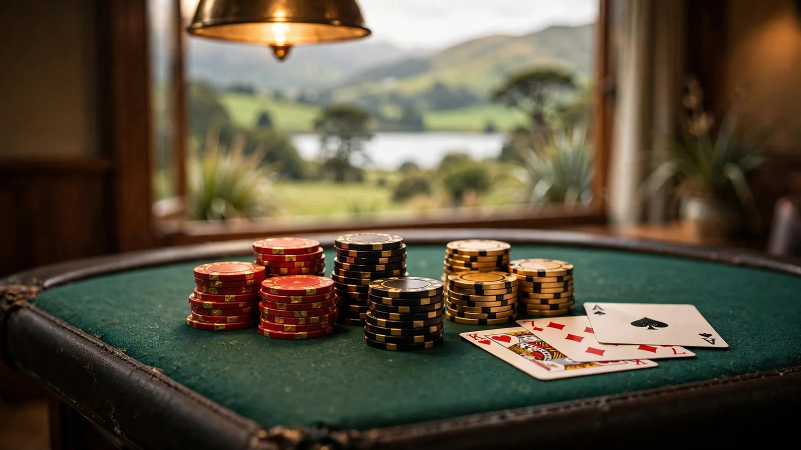 Casino chips and cards on a green blackjack table with a misty New Zealand landscape in the background.