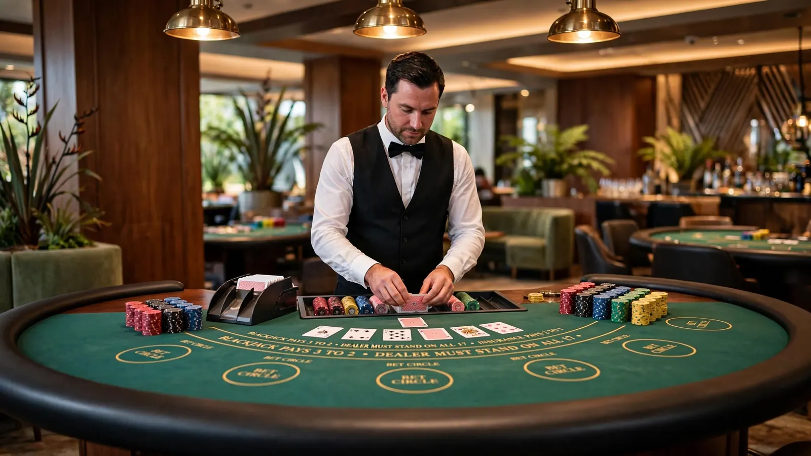 Dealer arranging cards at a green felt blackjack table in a New Zealand casino