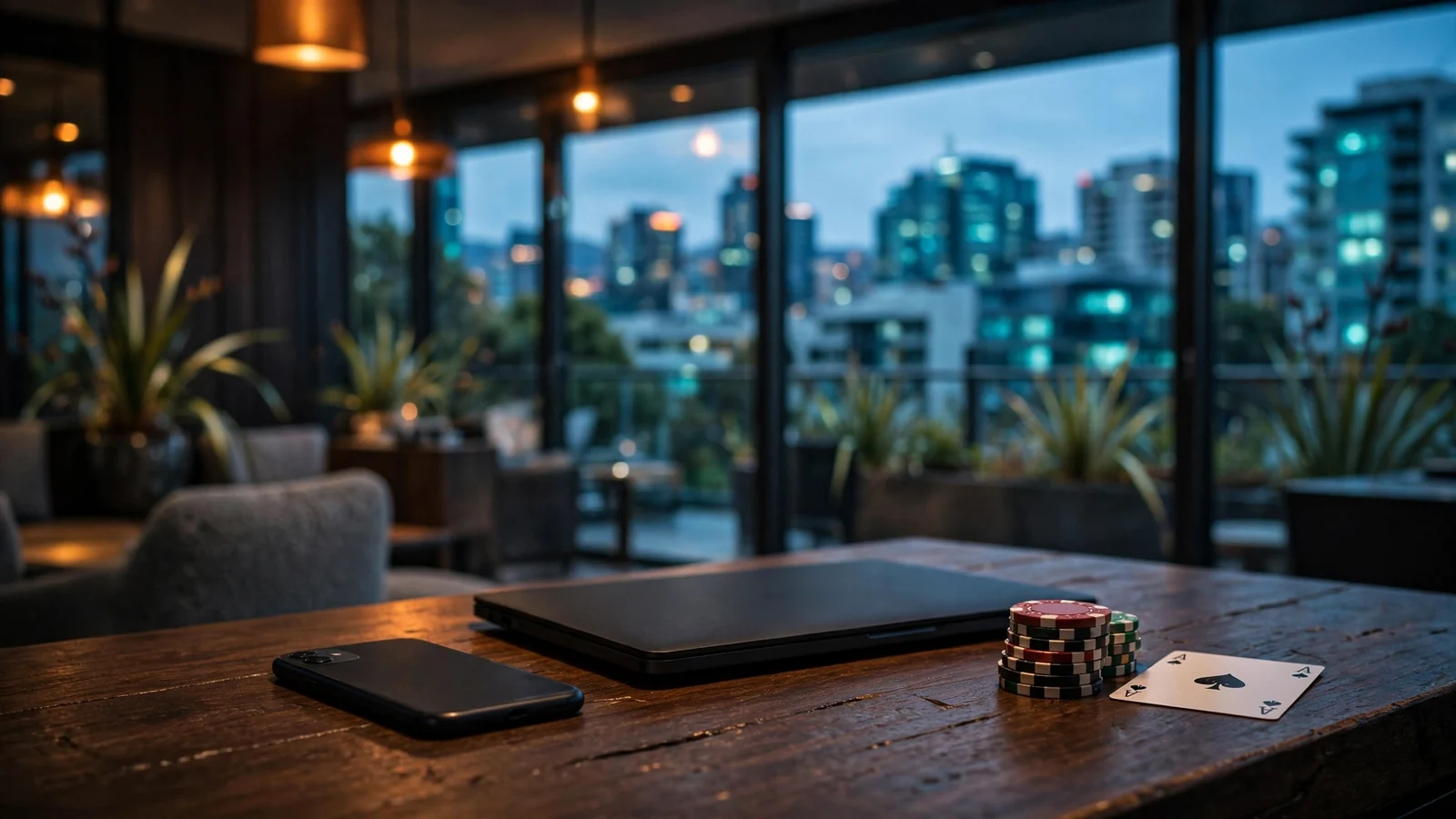 Smartphone and laptop on a bar counter with Auckland skyline at dusk and casino chips nearby