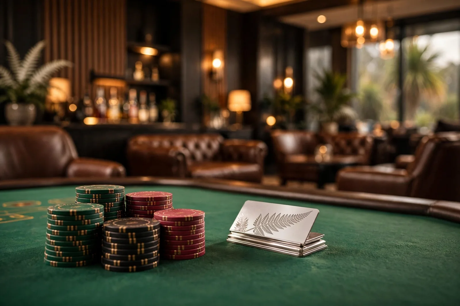 Elegant VIP casino lounge with loyalty card and chips, New Zealand theme