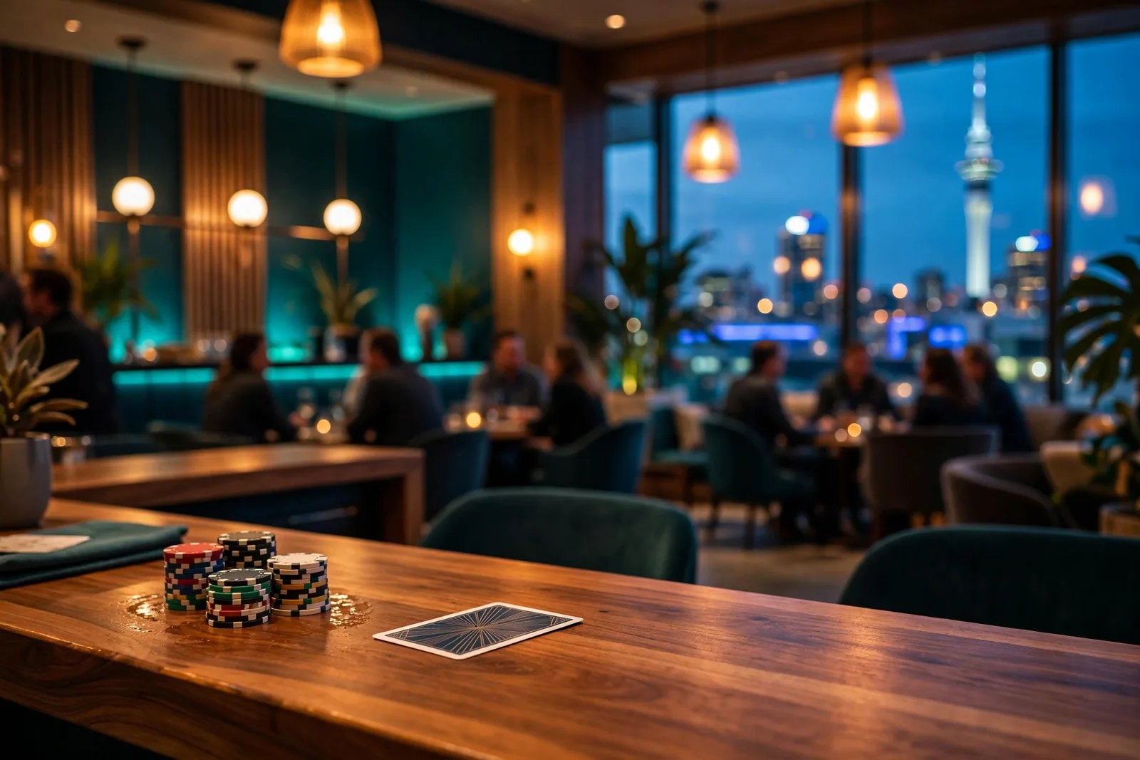 Casino chips and card on a bar counter with Auckland skyline at dusk