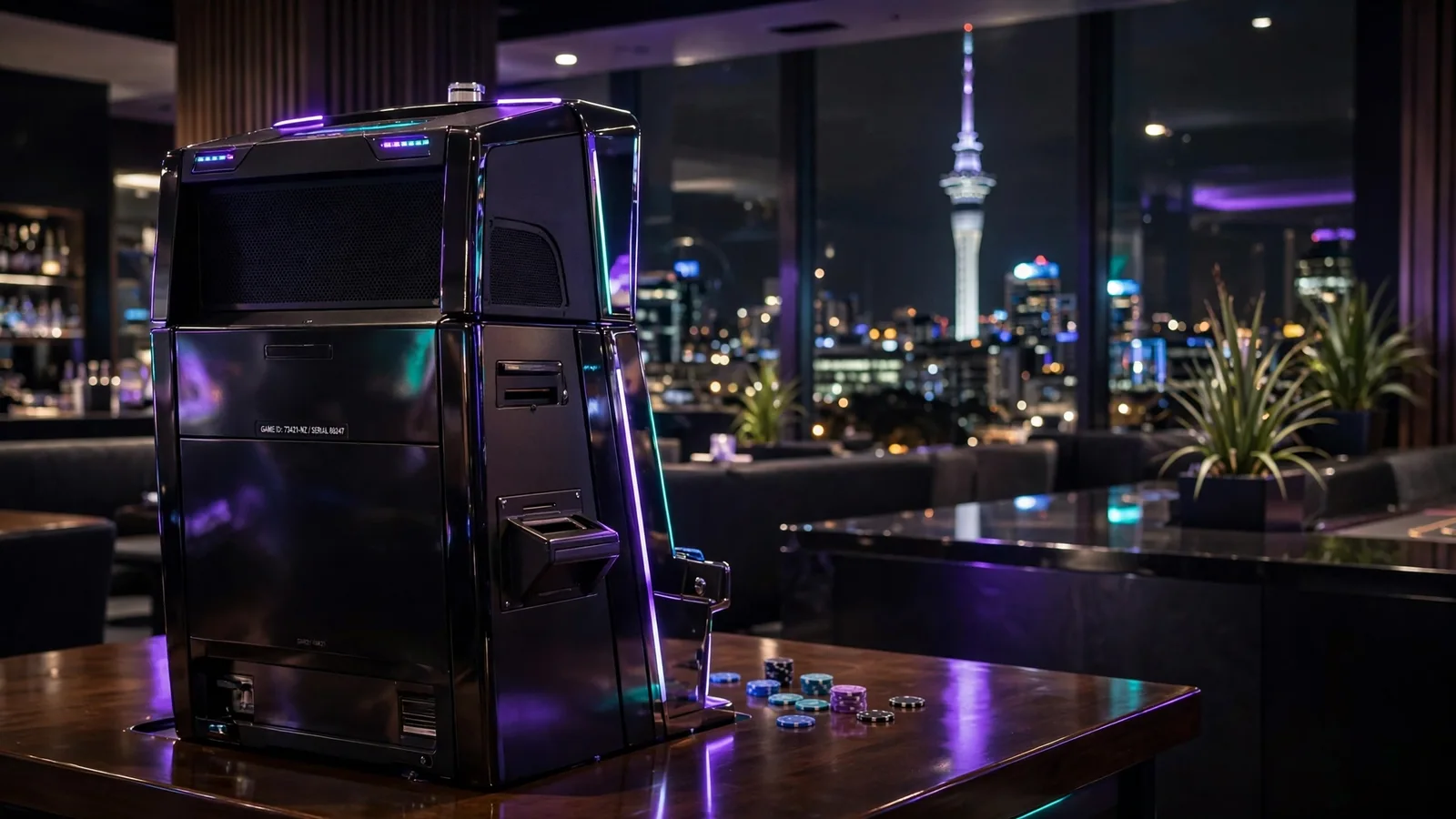 Slot machine in a New Zealand casino lounge with Auckland skyline at night