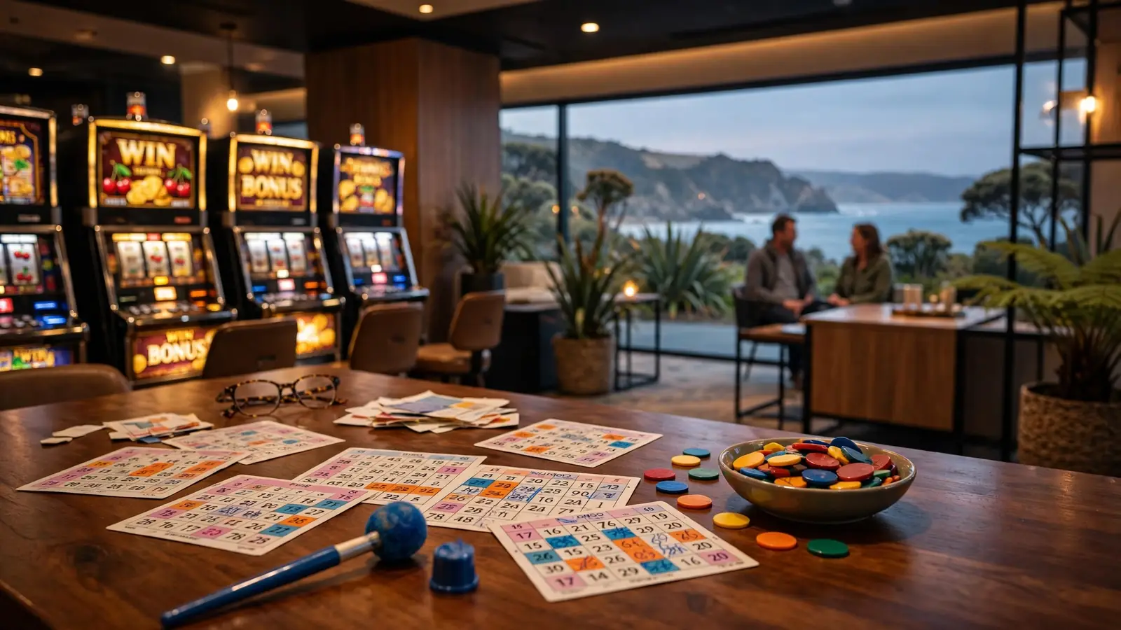 Bingo cards and chips on a casino table in New Zealand