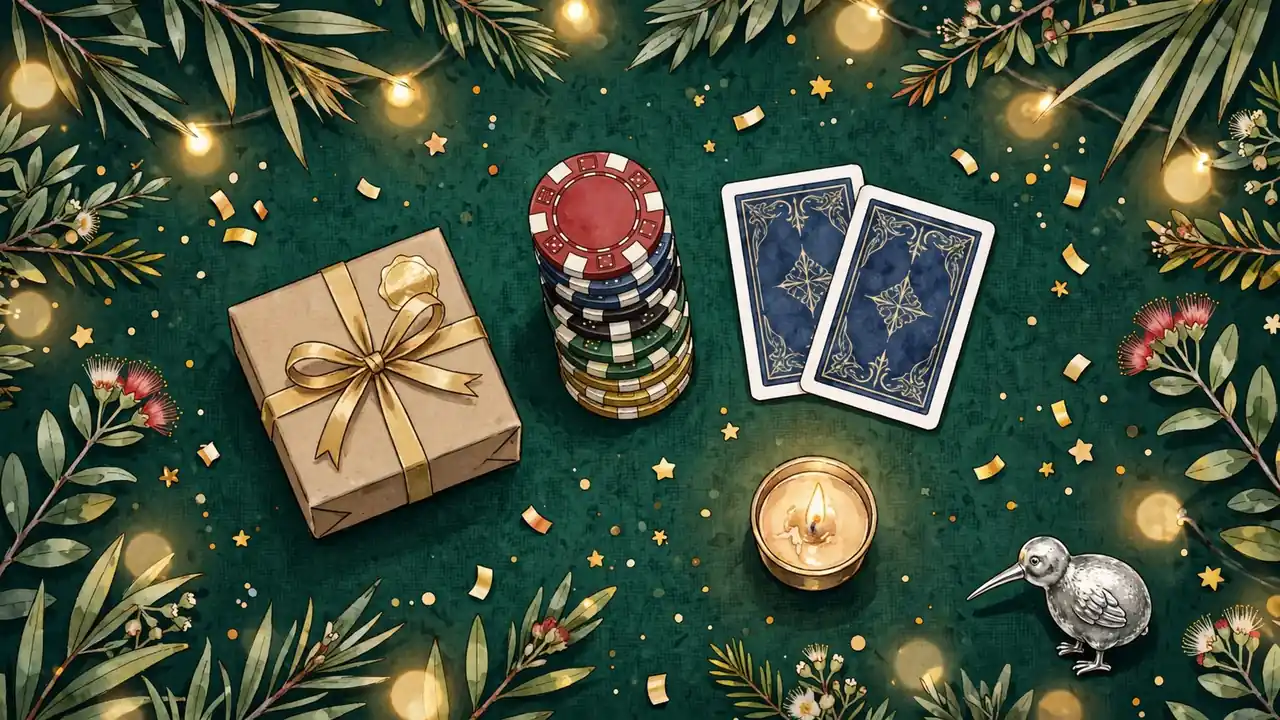 Birthday gift box with casino chips on green felt, New Zealand theme