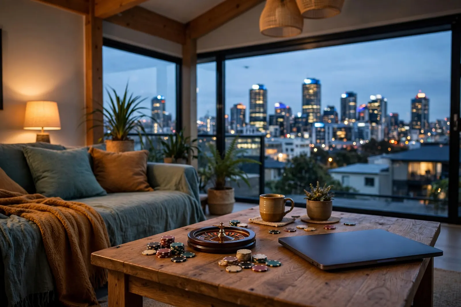 Casino chips, a small roulette wheel, and a closed laptop on a coffee table with an Auckland skyline view at dusk.