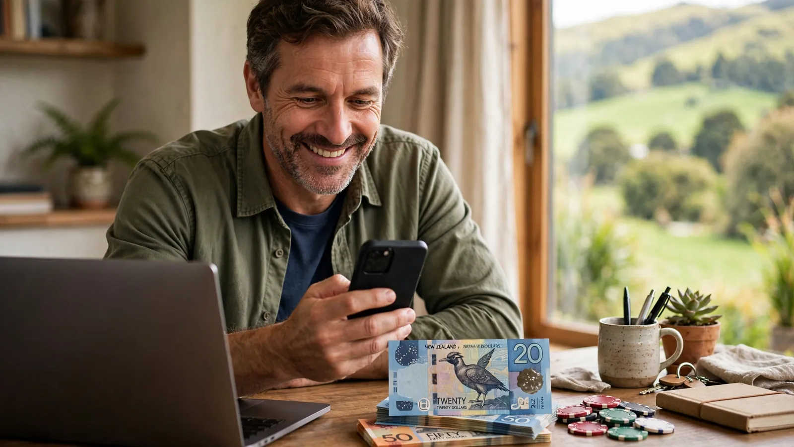 Man at desk in New Zealand home with phone, cash and casino chips