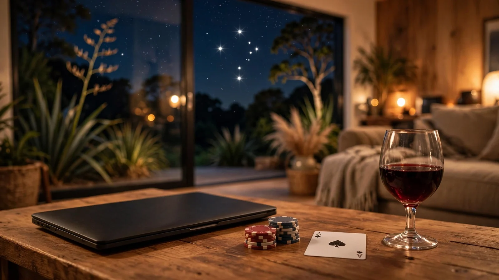Cozy NZ lounge scene with closed laptop, casino chips and playing card