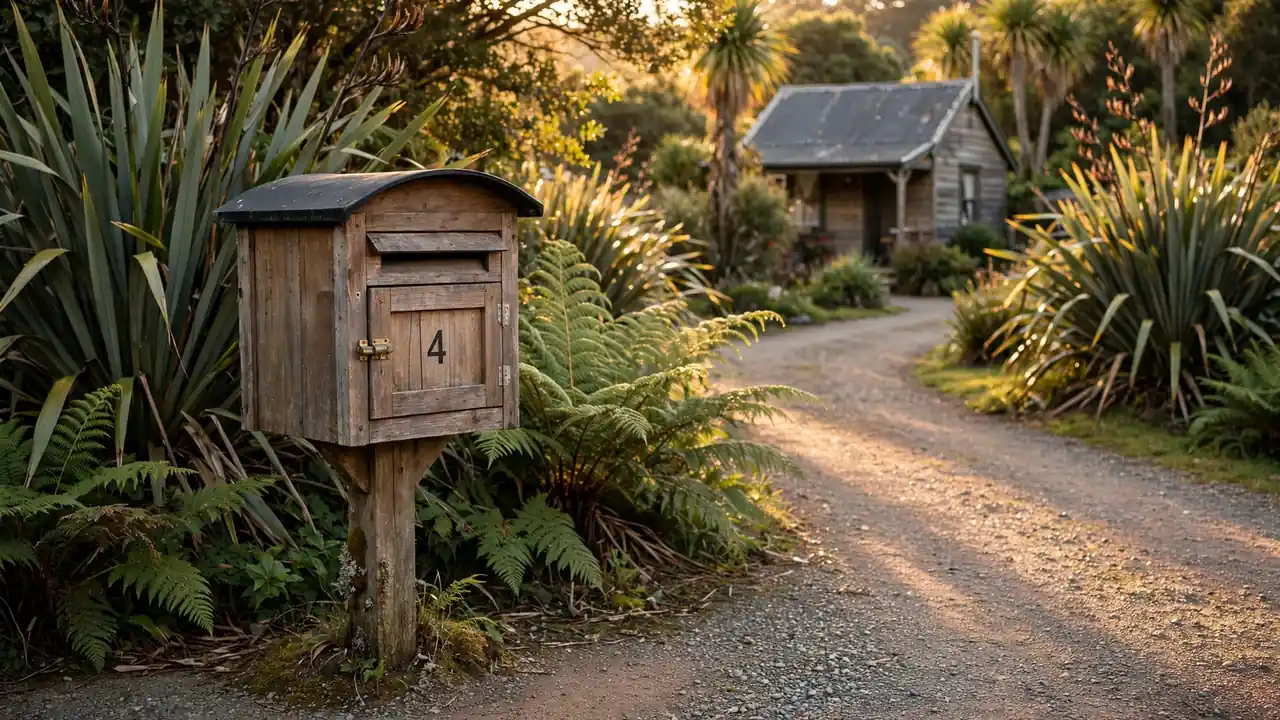 A wooden letterbox outside a New Zealand cottage surrounded by native greenery.
