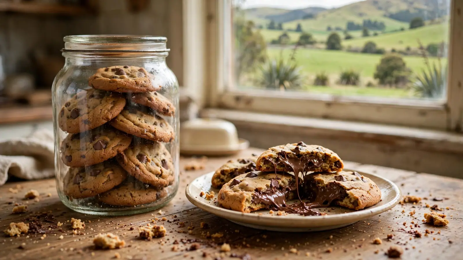 Glass jar of chocolate chip cookies on a wooden kitchen table in New Zealand home.