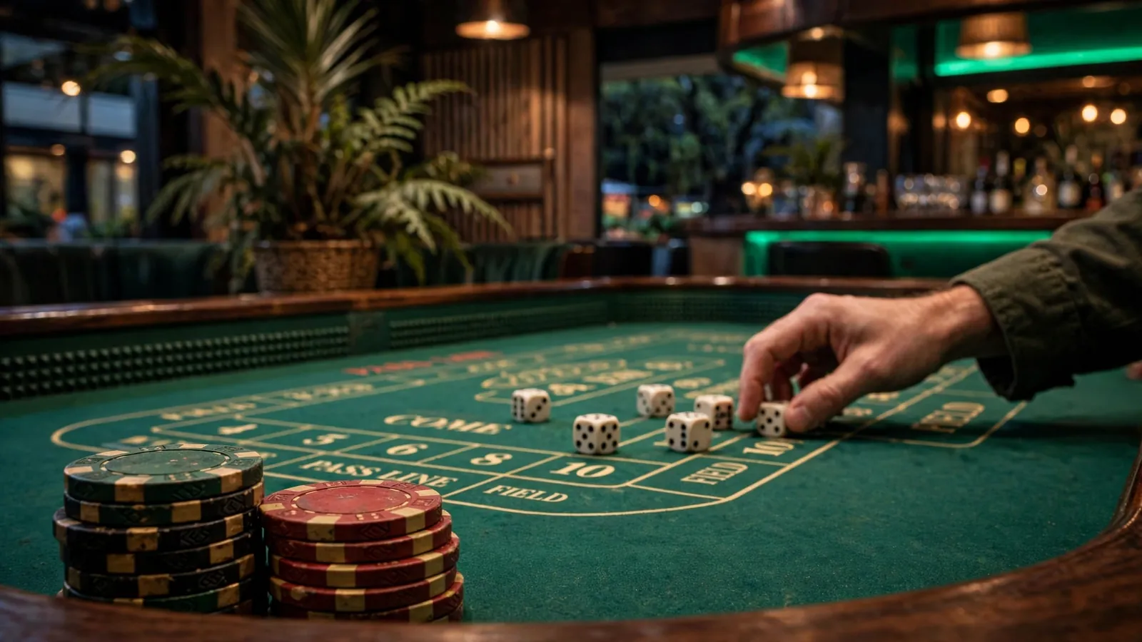 Casino craps table with stacked chips and rolling dice in moody lighting