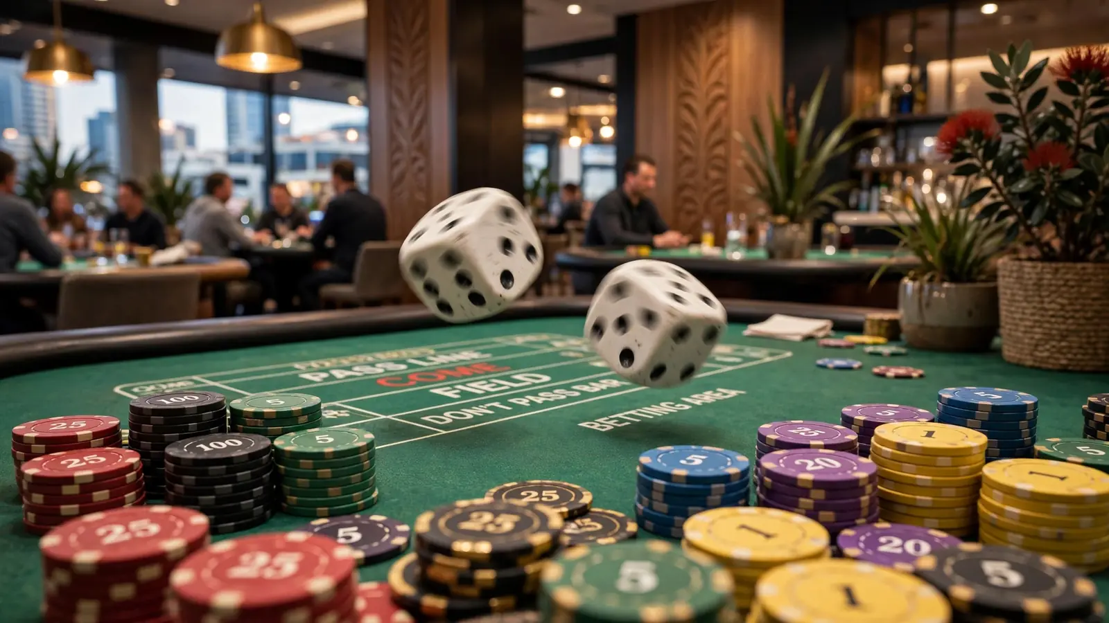 Dice rolling on a craps table with casino chips in a New Zealand casino