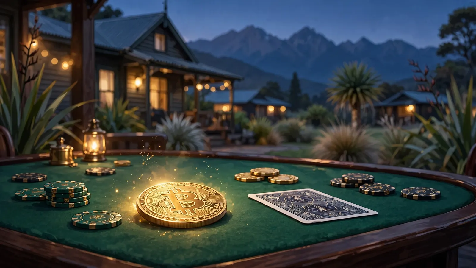 Glowing Bitcoin coin on a casino table with chips, New Zealand mountains in the background