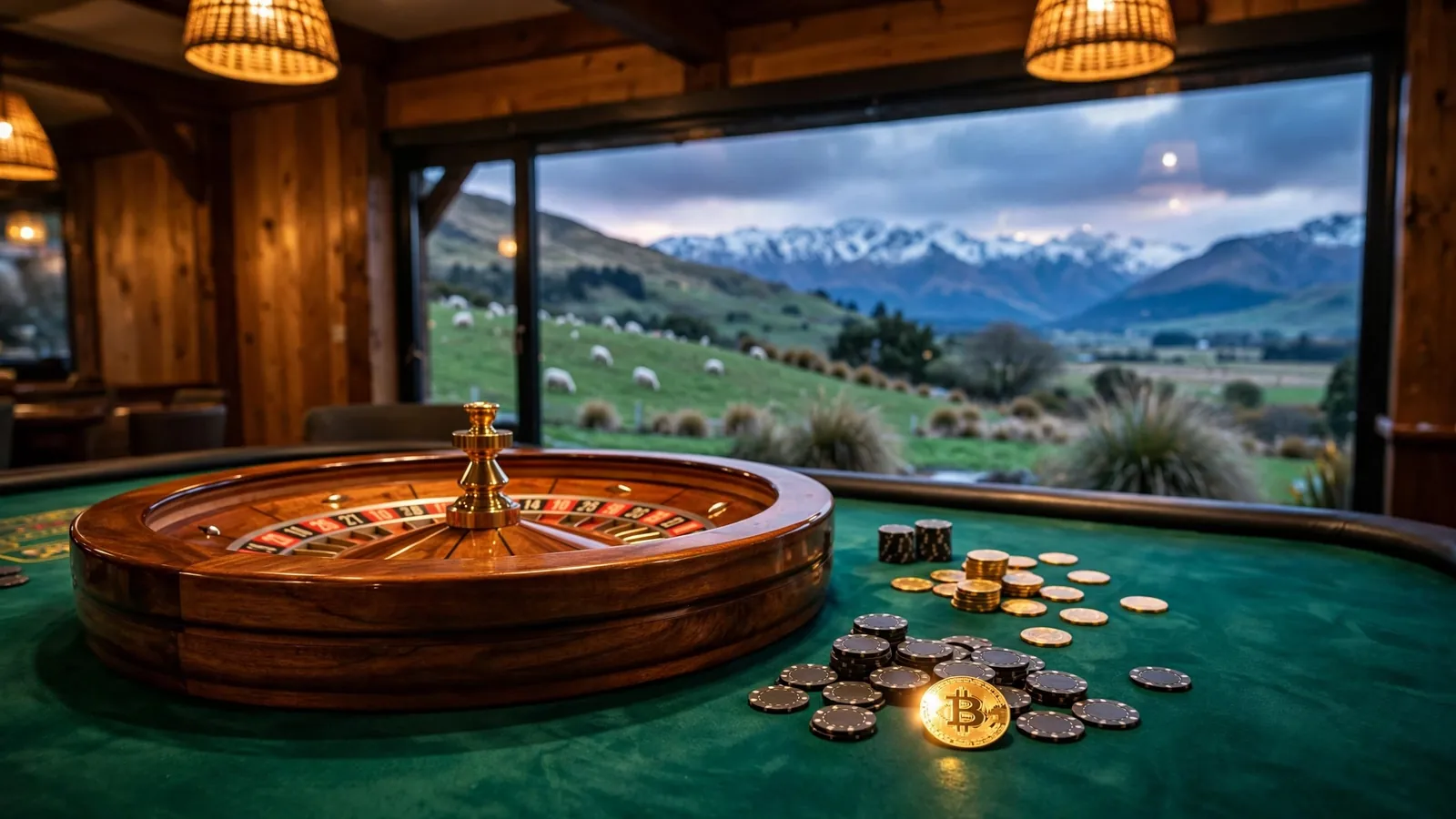 Roulette wheel with casino chips and Bitcoin coin, overlooking New Zealand landscape at twilight.