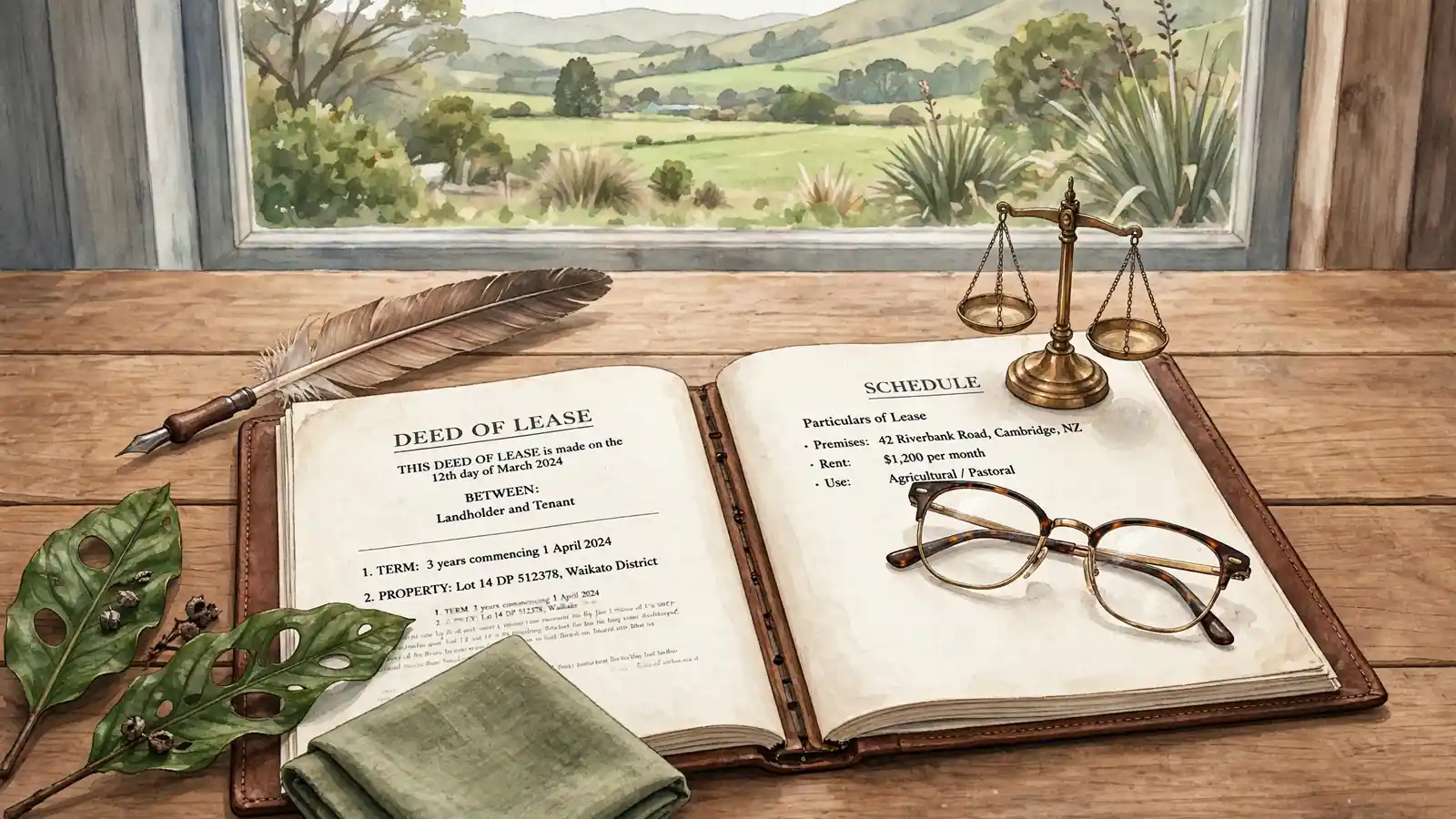 Legal disclaimer document with glasses on a wooden desk near a window.