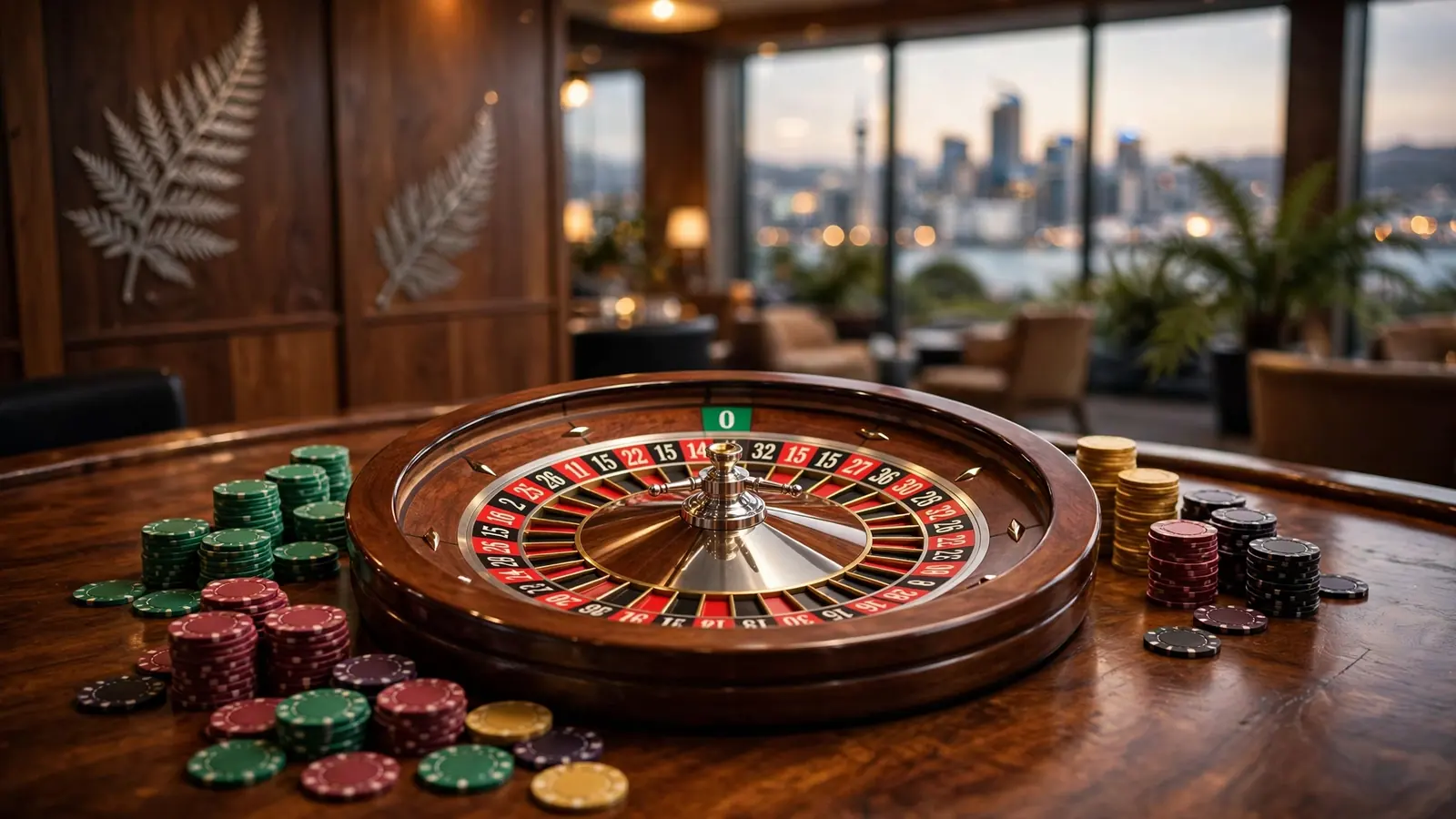 European roulette wheel with chips on a wooden casino table, New Zealand-themed lounge background.