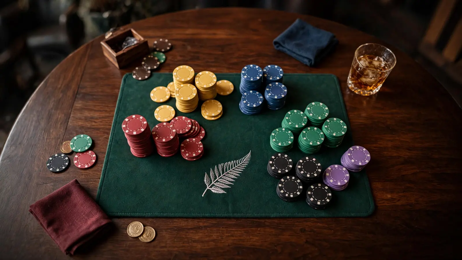 Casino table with stacked chips and New Zealand silver fern detail
