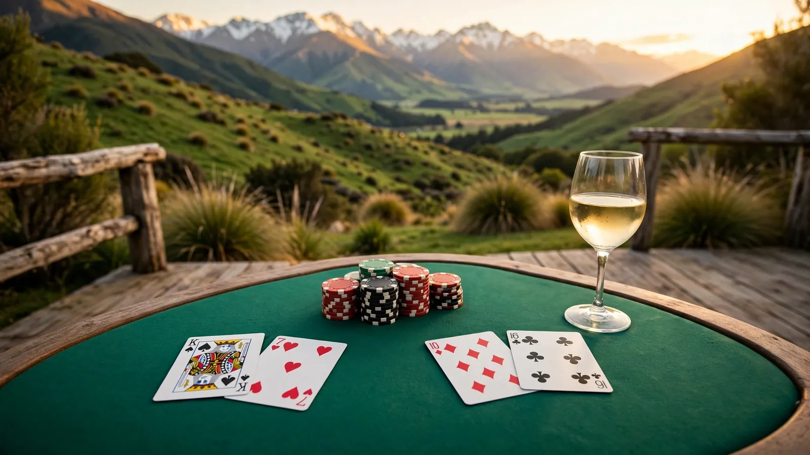 Blackjack chips and cards on a table with New Zealand mountains at sunset
