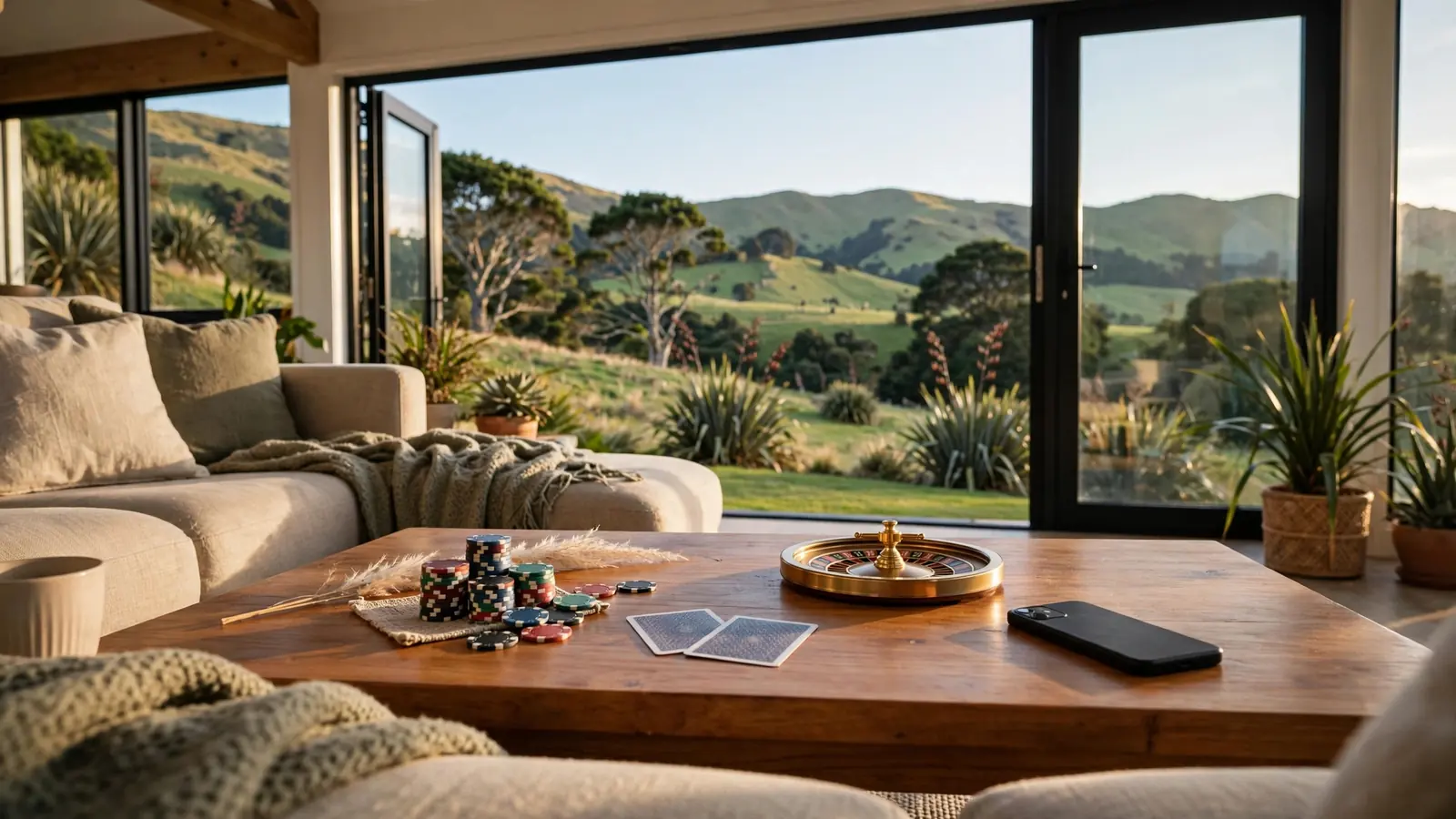 Casino game elements on a coffee table in a modern Kiwi home interior