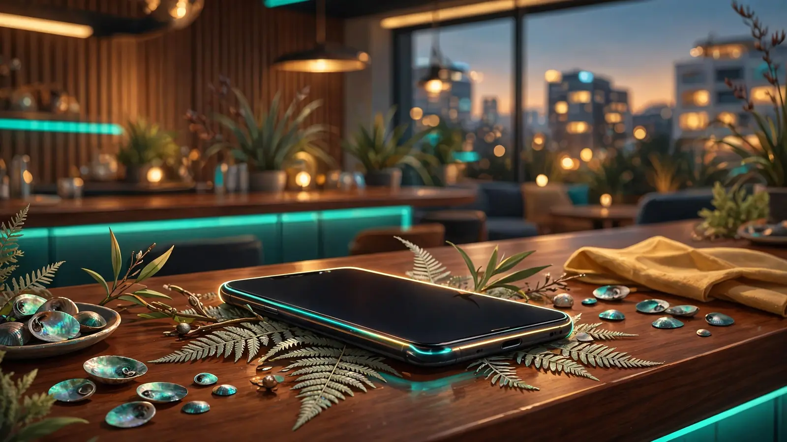 New Zealand lounge scene with a smartphone and subtle Kiwi motifs, screen turned away