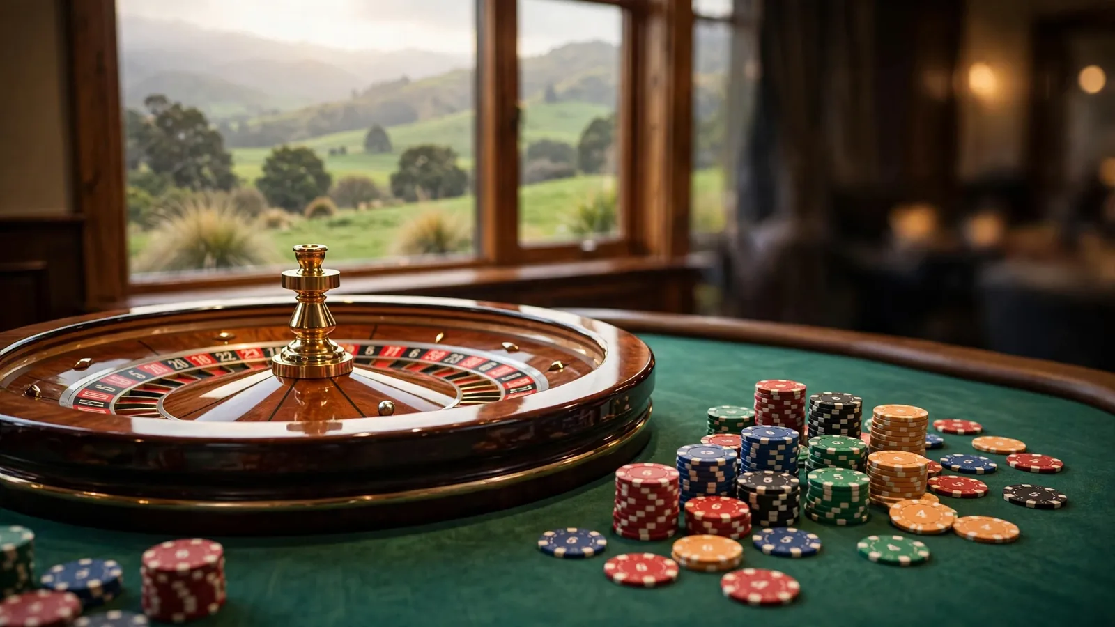 Roulette wheel with casino chips on a table overlooking New Zealand hills