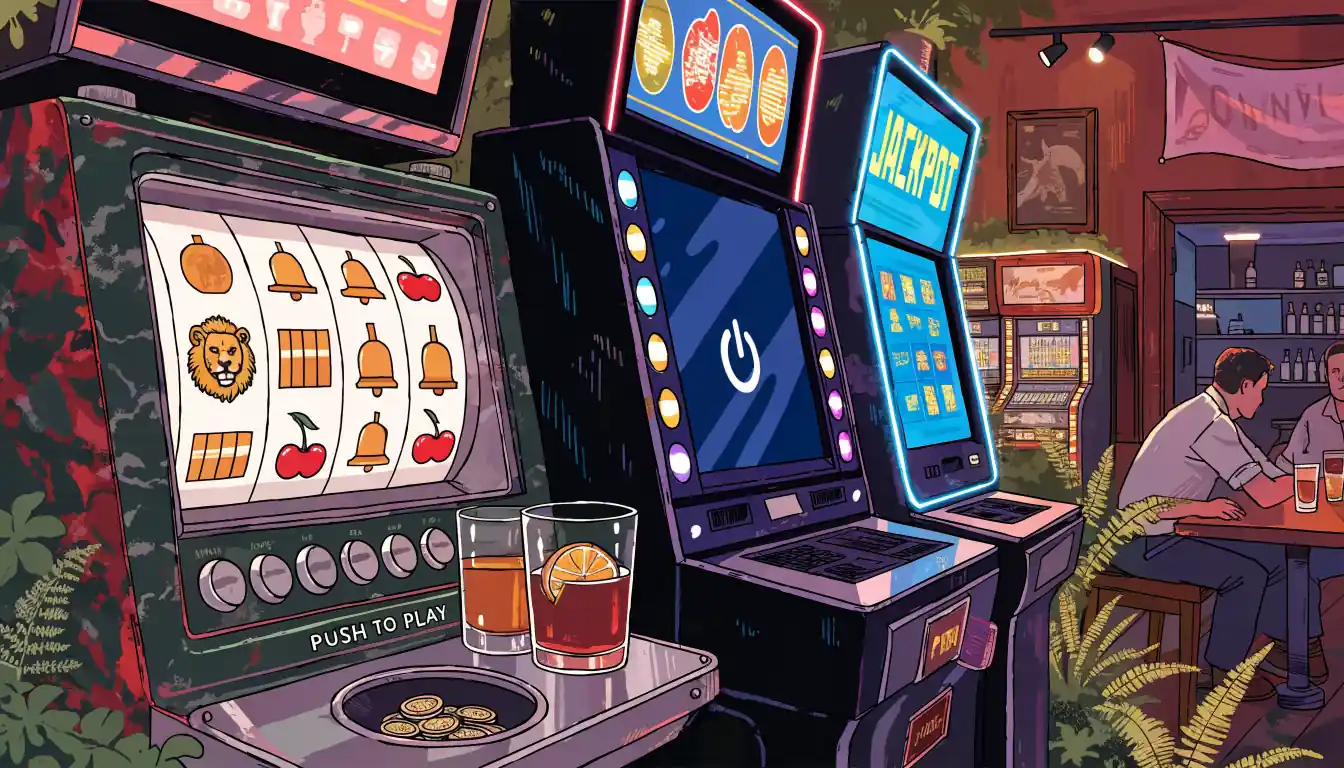 Colorful illustration of various slot machine styles in a New Zealand-style gaming lounge